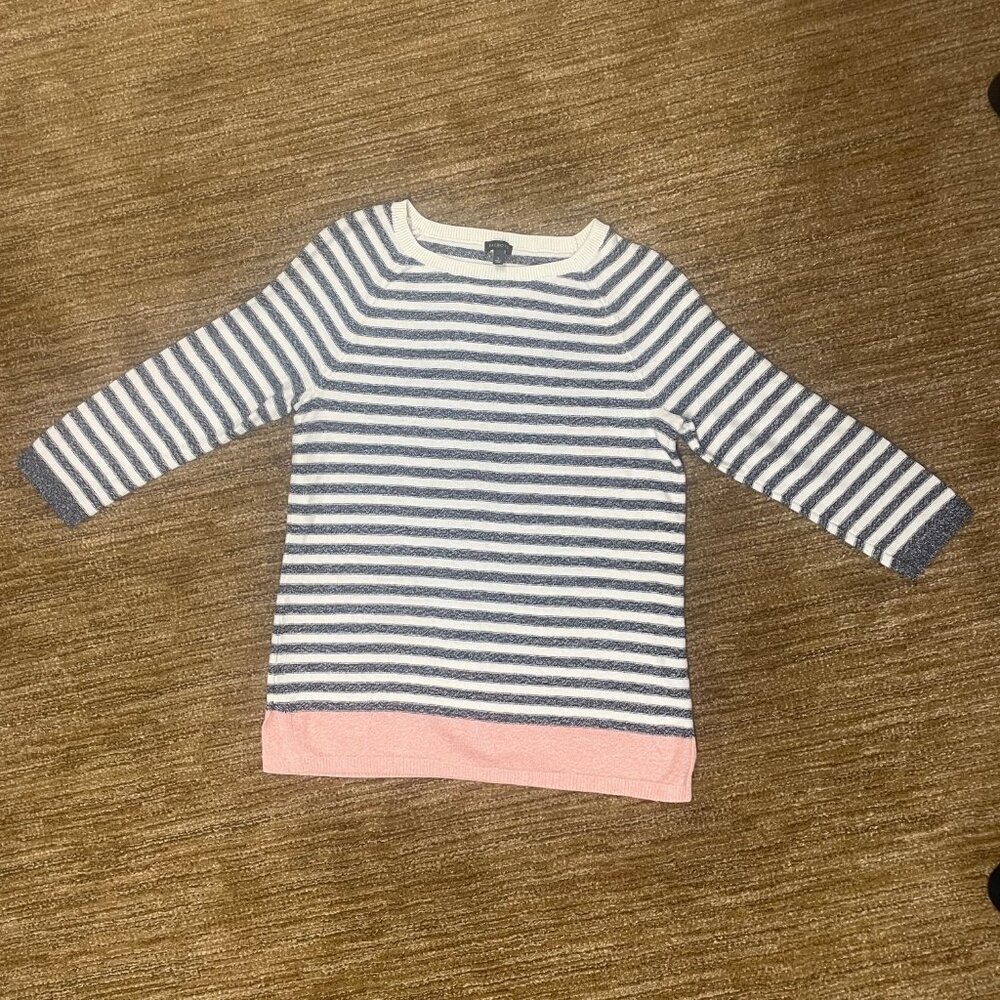 Talbot's Cotton Striped Sweater Navy White Pink 3/4 Sleeve Size Large